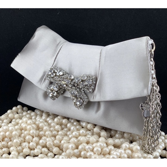 Betsey Johnson Silver Clutch with Rhinestone Bow Gray/Silver Satin with crystals - Picture 10 of 12